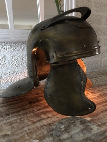 Knight's helmet copper-green-metal, with folding ear protectors, old condition!