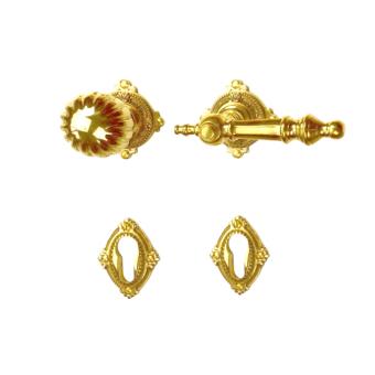 Shiny brass door fittings, set of handle and knob, with rosettes