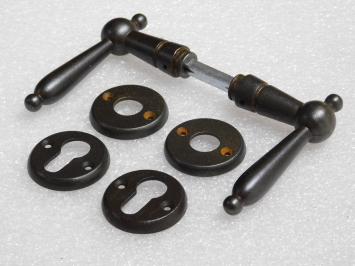 Set of Door Handles with Round Latch and Lock Rosettes - PZ - Dark Brown - Iron Rusted