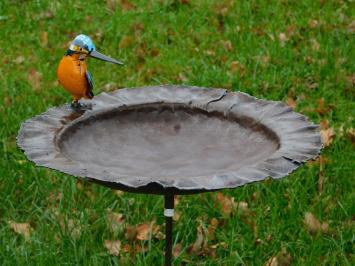 Handgefertigte Futterschüssel mit Eisvogel - Gartenstab - Metall